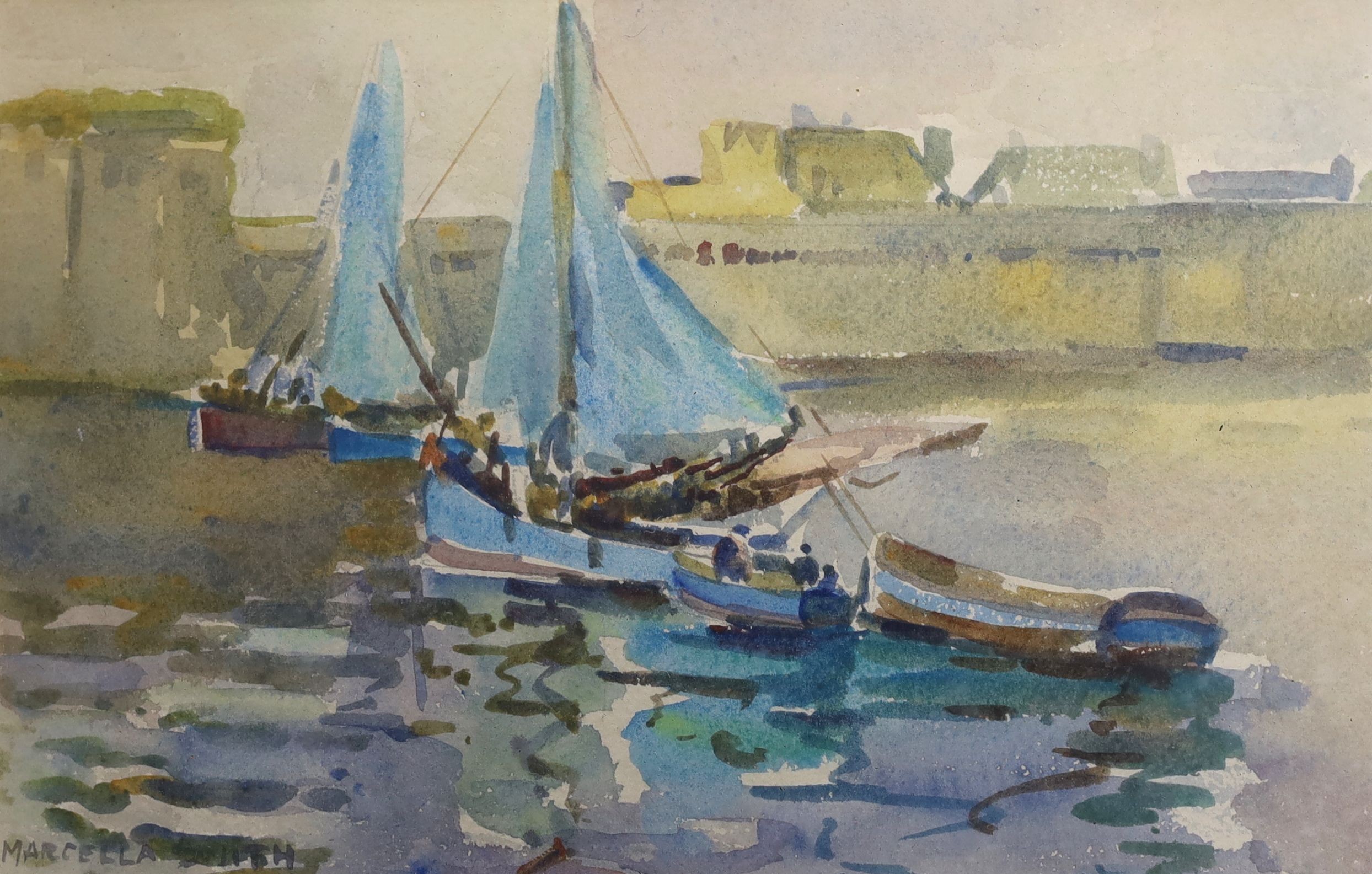 Marcella Smith, watercolour, Fishing boats in harbour, signed, 15 x 22cm.